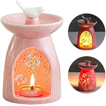 WANYA Ceramic Tea Light Holder, Aromatherapy Essential Oil Burner, Wax Warmer Great Decoration for Living Room, Balcony, Patio, Porch and Garden (Pink)