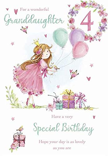 Jelly Beans Wonderful Granddaughter Age 4 Birthday - Large Luxury 4th Birthday Card - Girl and Balloons (206228) From Paper Rose