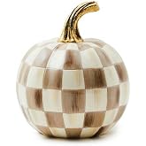 MACKENZIE-CHILDS Resin Pumpkin, Mini, Brown-and-White Mocha Check | Hand-painted design, decorative fall, Halloween, and Thanksgiving figurine, 4.5" dia. x 6" H