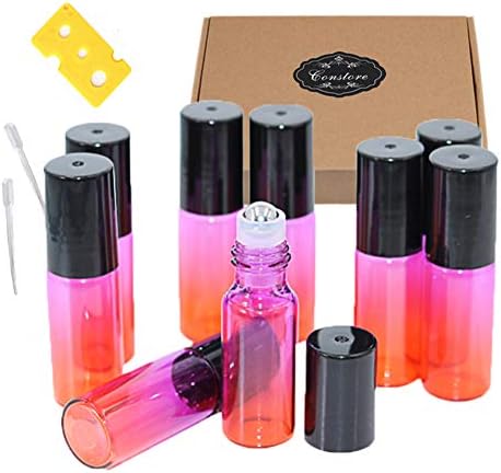 ConStore 5ml Roller Bottles For Essential Oil 35 Pack Rainbow Color Glass Bottle Sample Perfume Roll On Containers With 1pc Opener&Box,2pcs Dropper Travel Roller Ball Containers For DIY Aromatherapy