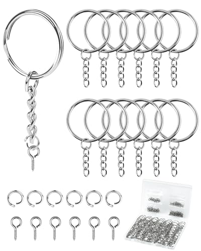 FIVEIZERO 300Pcs Key Rings Kit, 100Pcs Key Ring with Chain, Keyrings Kit,100Pcs Small Screw Eye Pins, 100Pcs Open Jump Rings for Keychain Making Supplies, Crafts, and DIY Projects