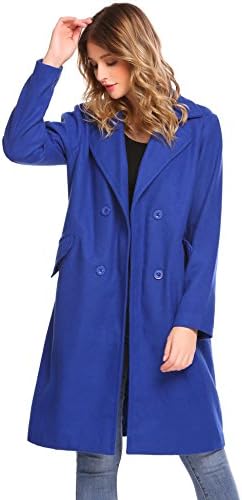Dethler Double Breasted Long Coat Wool Touch Fit and Flare Ladies Winter Coat With Inside Lining, Royal Blue, S