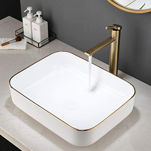 Ufaucet Modern White Rectangular Above Counter Countertop Porcelain Ceramic Bathroom Vessel Vanity Sink with Golden Rim