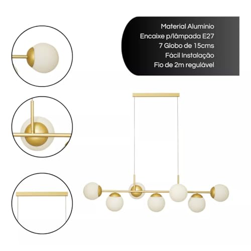 Lustre Pendente Jabuticaba 7 globos E27 Alumínio Dourado