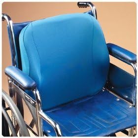 Lumbar Cushion Urethane chair back insert works with existing wheelchair back. Two-strap attachment system with buckle closure. Lateral wings extend 4" from chair back. Removable and washable blue polyester cover. Latex free. 18"W x 16"H x 1"D. Fits 18" wide wheelchairs ONLY