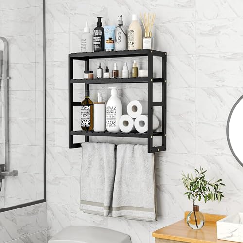 Galood Over The Toilet Storage Space Saver Bathroom Shelves with Towel Racks for Wall, 3 Tier Bamboo Toilet Paper Storage Corner Floating Shelf Wall Mounted Black