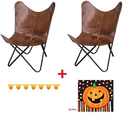 Amerihome Leather Butterfly Chair in 2, Natural Tan + Freebies