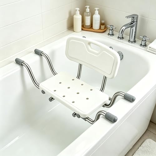 Bathtub Seat for Elderly, Non-Slip Shower Stool with Backrest, Adjustable Width 77-87 cm, Load 150 kg, with Non-Slip Silicone Pads and Handles, White