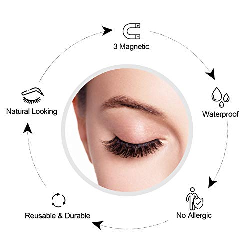 Magnetic Eyelashes Dual Magnets Fiber Fake Eyelashes, 3D Reusable Eyelashes Extensions, No Glue False Eyelashes with Tweezers 1 Pair/6Pcs (Black)