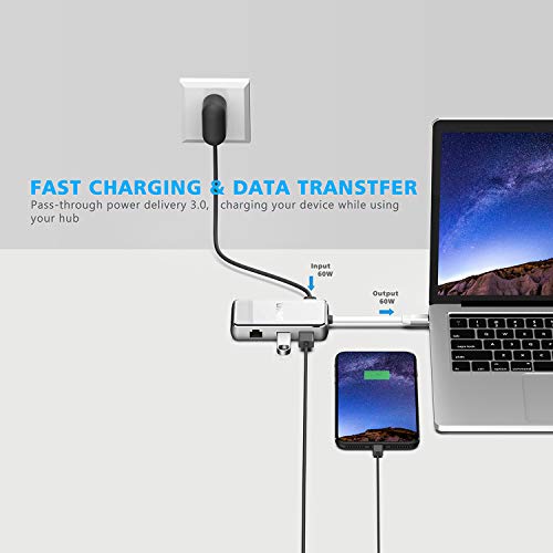 USB C Hub, LINKWIN 6 in 1 Tempered Glass USB C Multiport Adapter, USB C to HDMI, VGA, 2 USB 3.0 Ports, USB C Charging, RJ45 Gigabit Ethernet, USB C Dock Dongle Compatible Apple MacBook Pro 13 (White)