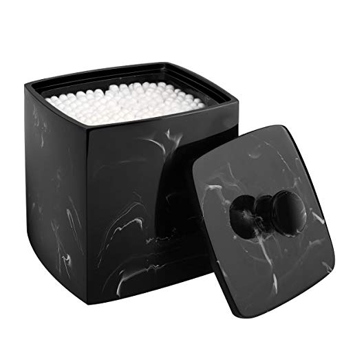 Luxspire Cotton Rod Resin Box with Lid, Door - Cotton Swab, Cotton Container for Make-Up Cosmetics Dispenser in Bathroom, Ink Black, Square