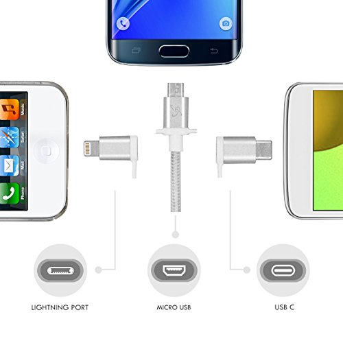 CyberTech 3 in 1 Replacement Cable, Micro USB and USB C for iOS Android Charging and Syncing Compatible with iPhone,Samsung,LG,Nexus and More, Cable tie Included (Silver 2 pcs)