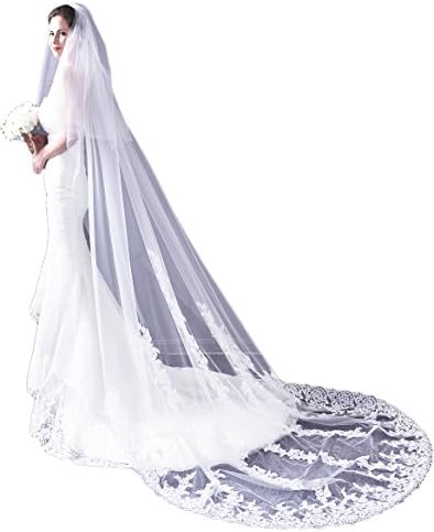 Leekida White 2 Tiers Long Chapel Cathedral Elegant Lace Wedding Bridal Veil Wth Blusher
