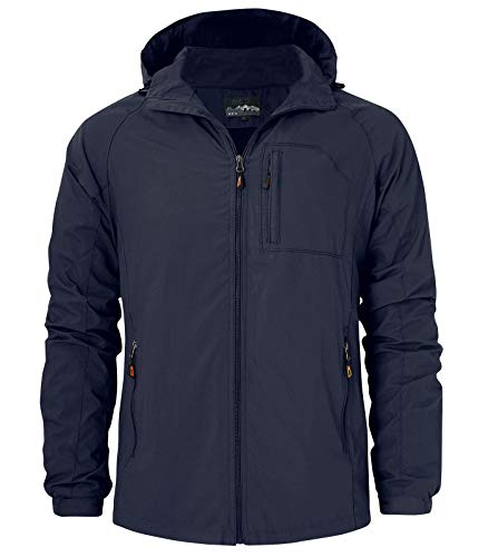 RAISEVERN Chaqueta de montañero Resistente al agua A prueba de viento Azul marino Abrigos Abrigos Casual Ajustable Multi bolsillos Chaqueta con capucha para exteriores para hombres jóvenes L