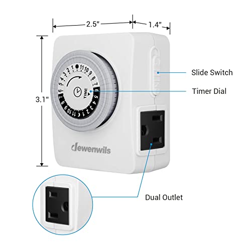 DEWENWILS 24-Hour Indoor Mechanical Outlet Timer, Timers for Electrical Outlets with 2 Grounded Outlet, Daily On/Off Cycle, Plug in Timer for Christmas Lamp, Aquarium, Grow Light, 2 Pack, ETL Listed