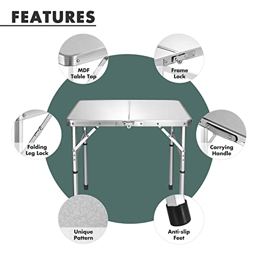 VILLEY Folding Camping Table, 2ft Small Portable Lightweight Outdoor Table with Aluminum Adjustable Legs for Travel Picnic Cooking Beach