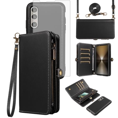 Asuwish Phone Case for Sony Xperia 1 VI 5G 2024 Zipper Wallet Detachable Cell Cover with Tempered Glass Screen Protector Crossbody Lanyard Strap Flip Card Holder Slot 1VI XQ-EC54 XQ-EC72 Black