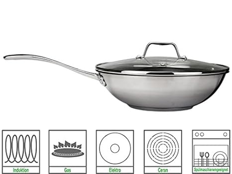 Royal VKB - Olla tipo wok con tapa de cristal (28 cm, acero inoxidable