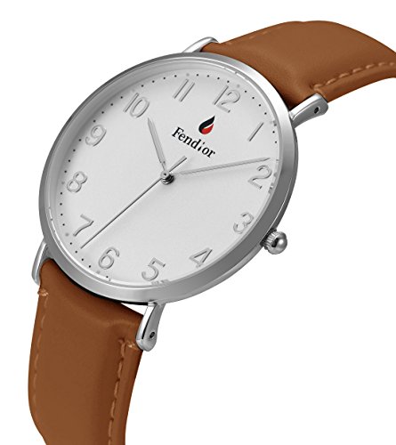 Fendior Men's Retro Brown Leather Band Thinnest Easy to Read Quartz Wristwatch