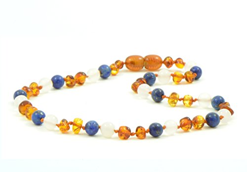Amber Teething Necklace for Baby - Unisex - 12.6 - 14.1 inches (32cm) - Amber Jewelry - Hand-Made from Certified Baltic Amber Beads (12.6 inches (32 cm), Cognac / White Agate / Lapis Lazuli)