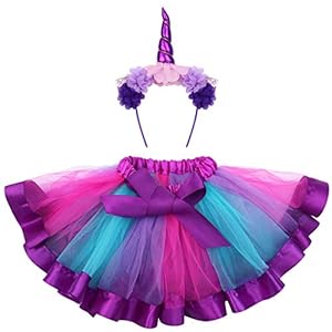 FENICAL Disfraz de Unicornio para Niñas Diadema Unicornio Floral con Oreja y Falda Tutú de Arco Iris Disfraz para Fiesta Púrpura