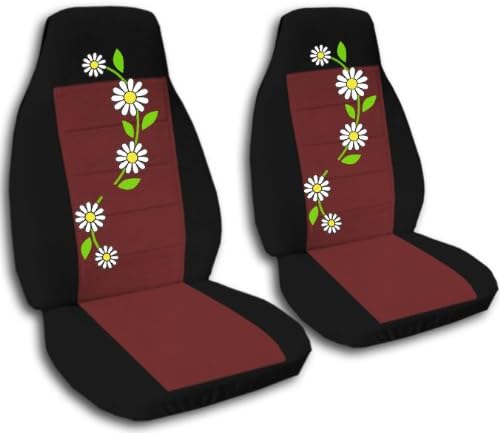 2 black and burgundy daisy car seat covers for a 2000 Honda Civic.
