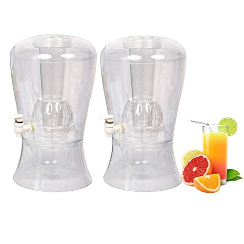 KARMAS PRODUCT Large 2 Gallon Beverage Dispenser With Ice Cylinder And Fruit Infuser, BPA Free,Leak Free and Shatterproof,Clear,2 Pack