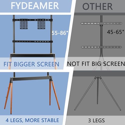 Fydeamer Easel TV Stand, Modern Easel TV Floor Stand, Artistic Corner TV Stand for 55-86inch LED LCD OLED Screens, Height Adjustable, 4 Legs Studio Display Stand for Bedroom, Living Room(White)