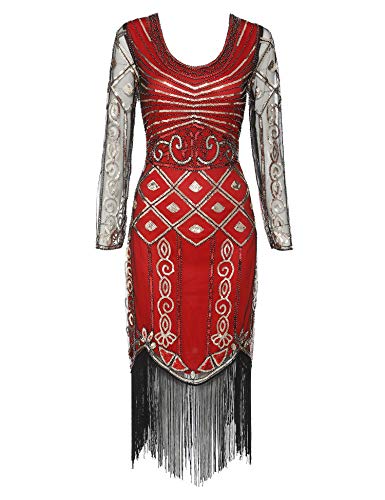 Women's Long Sleeve Flapper Dress 1920s Great Gatsby Sequin Inspired Cocktail Dresses (Red Long Sleeve, XL)