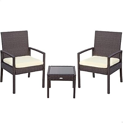 61068 - Set muebles para jardín y terraza ratán, Muebles terraza exterior, incluye 2 sillones jardín exterior con cojín acolchado y 1 mesa terraza exterior, Conjunto jardín exterior, Oscuro