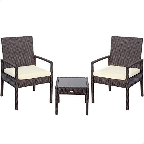 61068 Gartenmöbel-Set aus Rattan, Terrassenmöbel, Outdoor-Möbel, inklusive 2 Gartensesseln mit gepolstertem Kissen und 1 Tisch, Außenterrasse, dunkelgrau, Dunkel