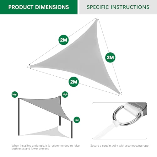 Awning, Waterproof, UV Block Sun Protection Canopy, Triangular, 2 x 2 x 2 m, Outdoor Sand Permeable Sun Protection Patio Canopy, with UV Protection for Balcony, Garden, Patio, Grey