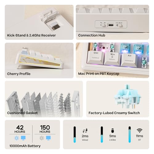 EPOMAKER TH80 V2 PRO Wireless Gaming Keyboard with Screen&Knob, 10000mAh, 2.4Ghz/BT/USB-C, RGB, Hot Swap, Custom Driver, NKRO, PBT Keycap, Mechanical Keyboard for PC/Mac (White, Creamy Jade)