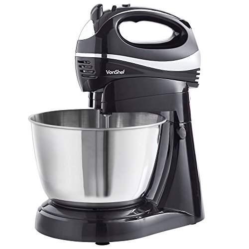 [- VonShef 2 in 1 Twin Hand and Stand Mixer, Black, 300W with 5 Speeds & Turbo Function include