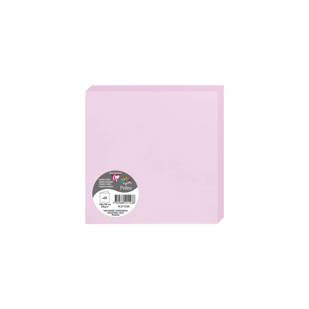 Clairefontaine 21123C Pack of 25 Double Cards Square Format (16x16cm) 210g/m² Dragée Pink Invitation Correspondence Cardboard Pollen Range Premium Smooth Paper