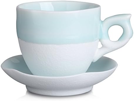 Handmade Drip Glaze Espresso Coffee Cup with Coaster (8.5 fl oz / 250ml) , Ceratown Shadow Celadon Unique Design Ceremic Coffee Mug, Color: White