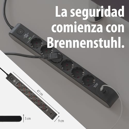 Brennenstuhl 6-Outlet Power Strip with USB and Surge Protection (Power Strip with 1x USB C PD 20W for Fast Charging and 1x USB A 20W, Switch, 2m Cord) Black