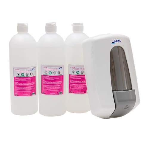 Jofel - AT30270, White Aitana Soap Dispenser Pack + 3 Litres of Aloe Shampoo Gel Soap, Refillable with Capacity of 0.9 Litres, Anti-corrosion and Anti-Drip Valve, ABS Housing