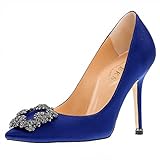 EKS Women's Satin Full Sole Diamonds Pointy Closed Toe High Heel Pumps Black