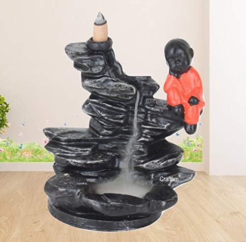 Craftam Big Size Baby Monk Sitting nera Fountains Smoke Backflow Incense Cone Holder with 10 Incense Cones (LWH 12x12x15 cm)