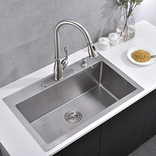Bokaiya 30" Topmount Kitchen Sink 16 Gauge Stainless Steel Handmade Deep Single Bowl Drop In Sink, 9-Ga Extra Thick Panel 2 Hole Kitchen Sink