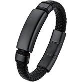 U7 Mens Leather Bracelet with Stainless Steel Clasp, Leather Cuff Bracelet in Skull or Wrap Style Black Bracelets for Husband
