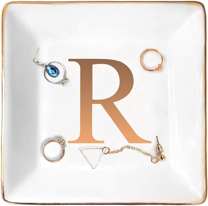 ANOTION Jewelry Tray Ring Dish with Ini-tial Gift- Personalized Trinket Dish and Jewelry Dish with Gold Initials Key Bowl Ceramic Holder, Unique Wedding or Engagement Present