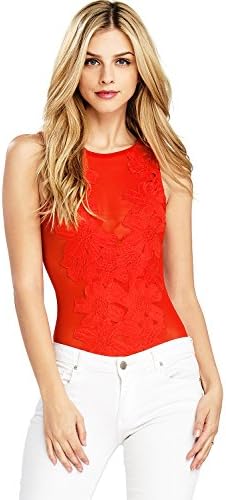 Pink Ice Women's Juniors Sleeveless Sheer Floral Design Bodysuit (S, Red)
