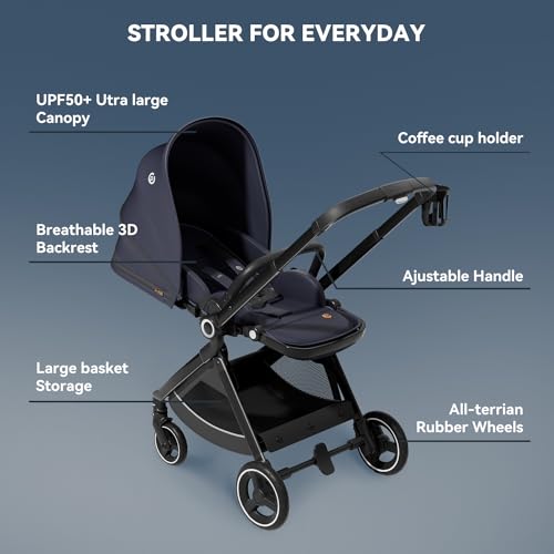 Reversible Baby Stroller, ELITTLE EMU Full-Size Toddler Stroller, Full Recline Cockpit Compact stroller, 0-36 Months Newborn Infant Stroller, All-Terrain stroller for City, Outdoor, Travel (Dark Blue)