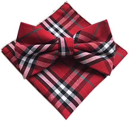 Men's Boys Pre-Tied Tartan Plaid Bow Tie Set Cotton Checks Tuxedo Bowties and Pocket Square Set