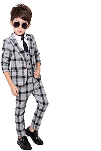 Boy 4 Pieces Plaid Formal Suit Set,Vest+Pants+Blazer+Bow Tie