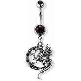 Pierced Owl 14GA 316L Stainless Steel Purple CZ Crystal Crescent Moon and Dragon Dangling Belly Button Ring