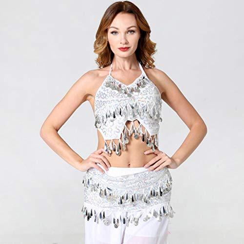 YEZIJIN Women Belly Dance Costume Dance Dress Sexy Sling Halter Top and Waist Chain 2019 Under 10 Dollars White