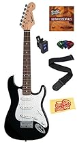 Squier by Fender Mini Strat Electric Guitar Bundle with Clip-On Tuner, Strap, Picks, Austin Bazaar Instructional DVD, and Polishing Cloth - Black
